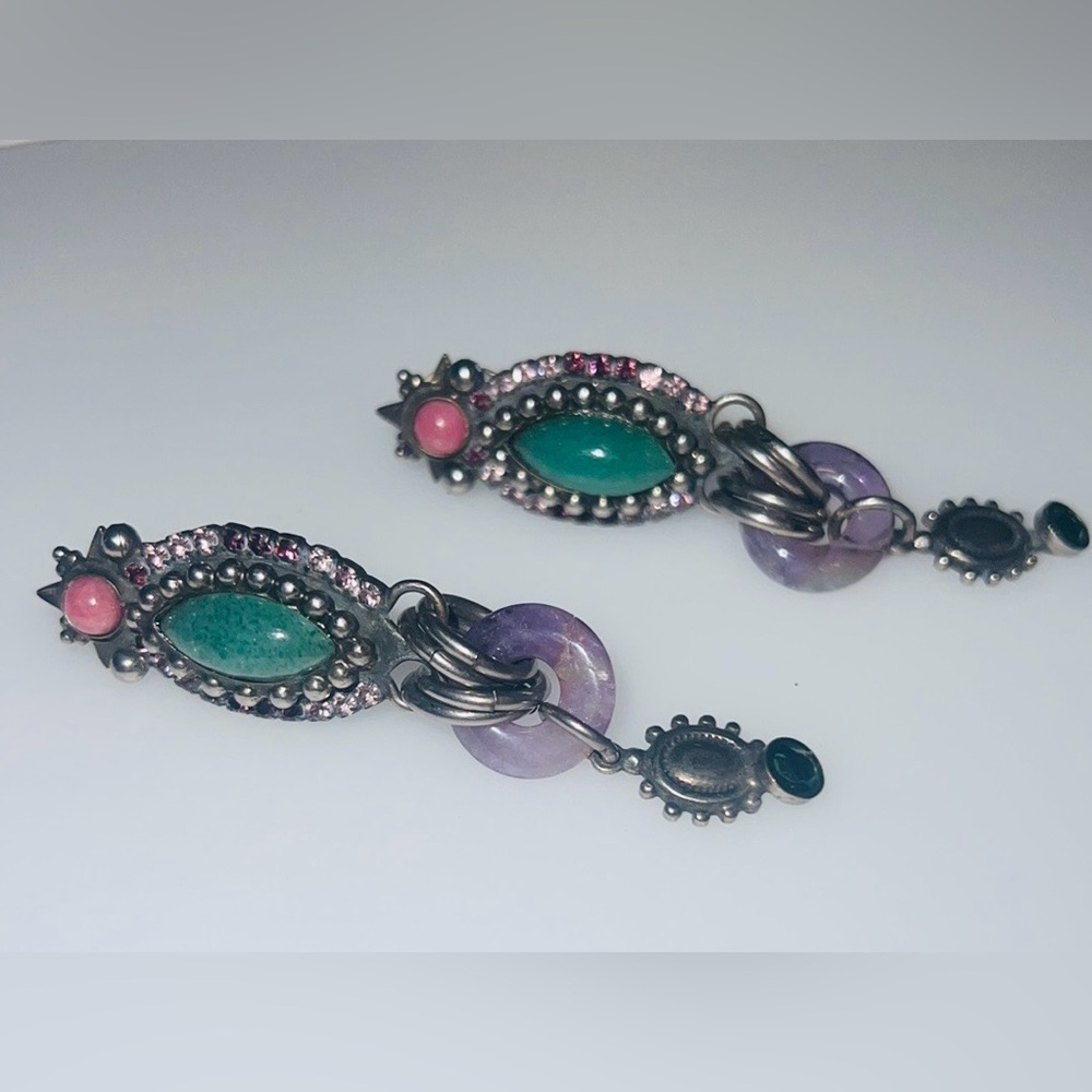 Vintage Sorrelli earrings set in antique silver, clip earrings. 2 1/2" drop.
